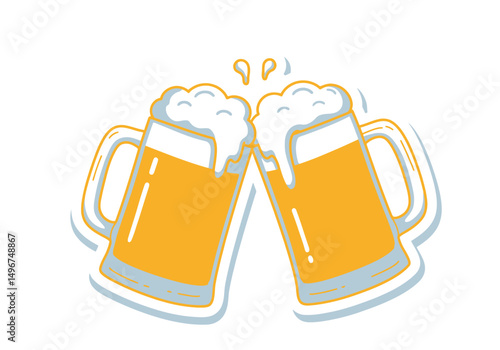 Cheers! Two Beer Mugs Toasting, Vector Illustration