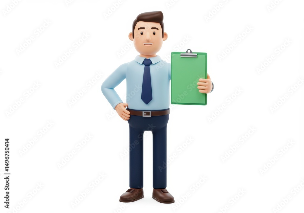 3D Illustration of Cartoon businessman holding green clipboard isolated on white background 3D Illustration of Cartoon businessman holding green clipboard isolated on white background
