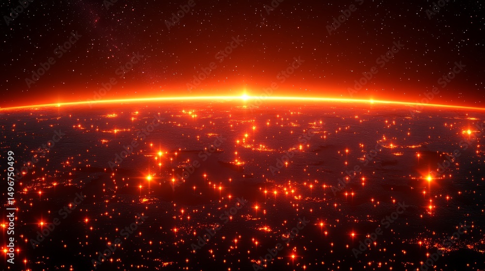 Fiery Dawn: An awe-inspiring view of Earth from space, showcasing a fiery sunrise casting a warm glow over the city lights, symbolizing new beginnings and global unity. Fiery Dawn: An awe-inspiring view of Earth from space, showcasing a fiery sunrise casting a warm glow over the city lights, symbolizing new beginnings and global unity.