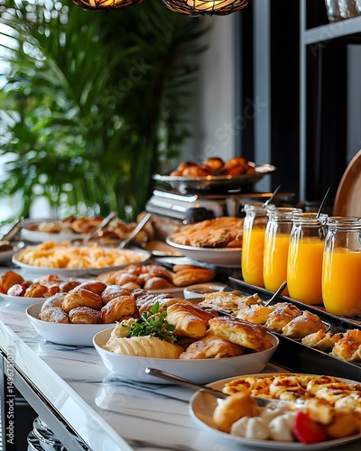 Buffet table with a variety of food and drinks