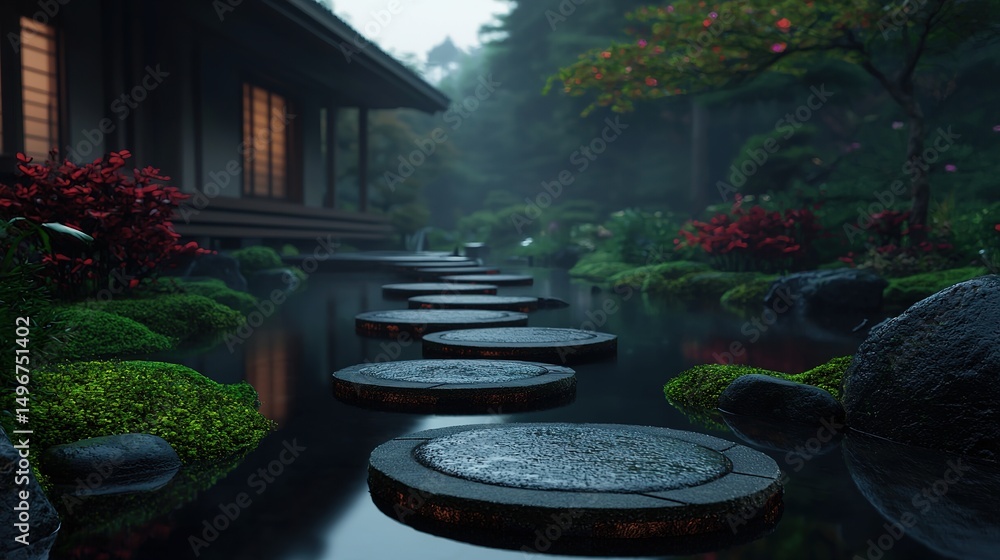 Fototapeta premium Serene Japanese garden with stone stepping stones over a calm pond, surrounded by lush greenery and a traditional house at dusk.