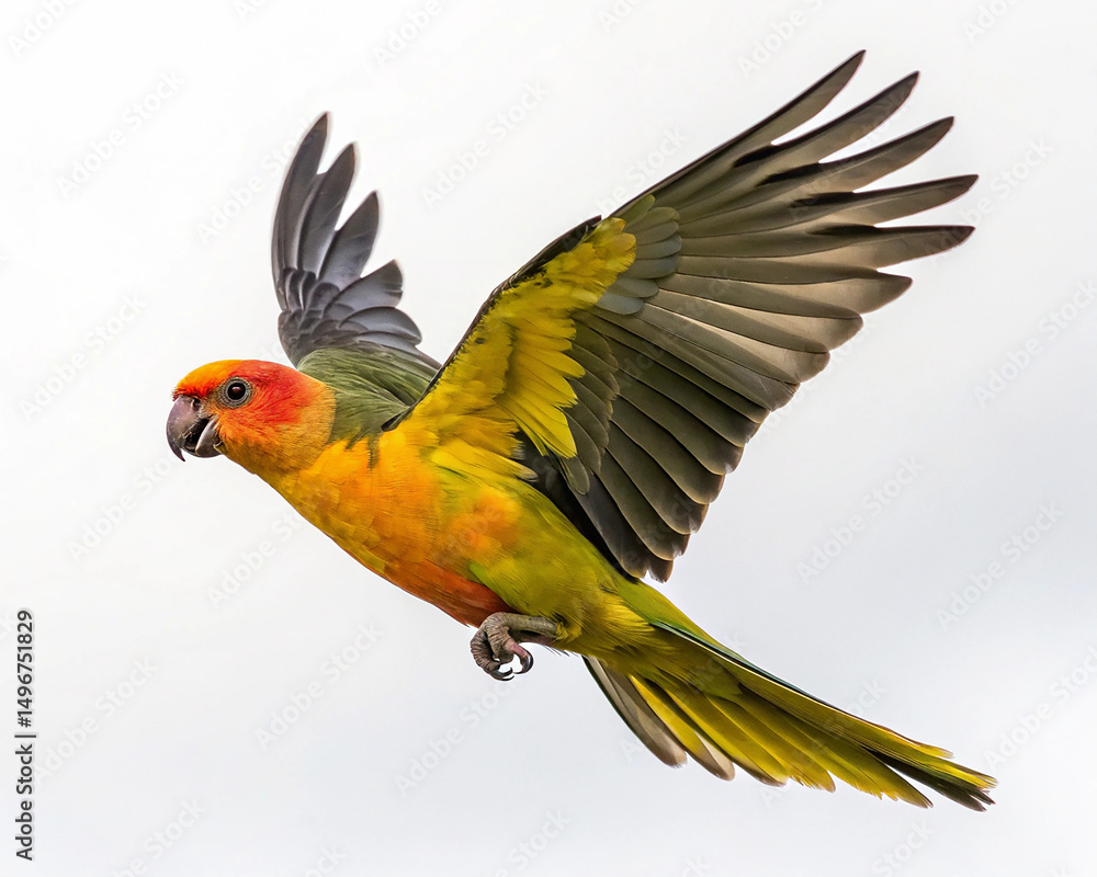 Fototapeta premium Parakeet bird aratinga solstitialis flying isolated on transparent background