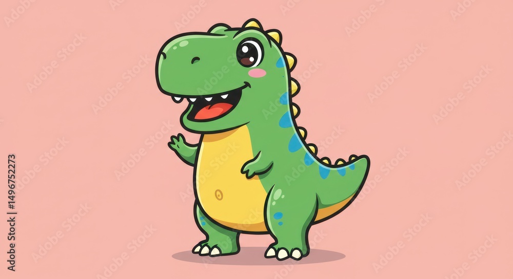 Fototapeta premium Cute cartoon dinosaur waving on pink background. Happy dinosaur character.