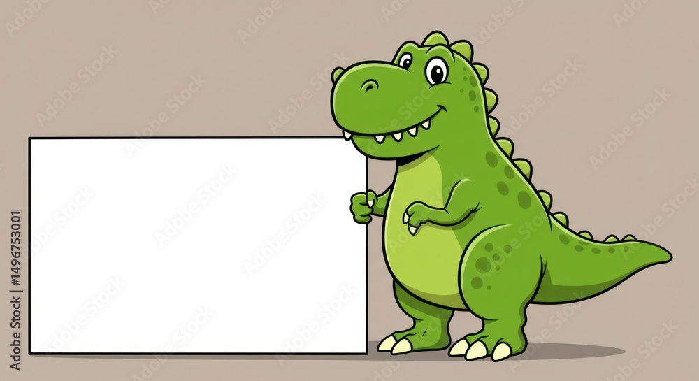 Obraz premium Happy cartoon dinosaur holding a blank white sign for your message