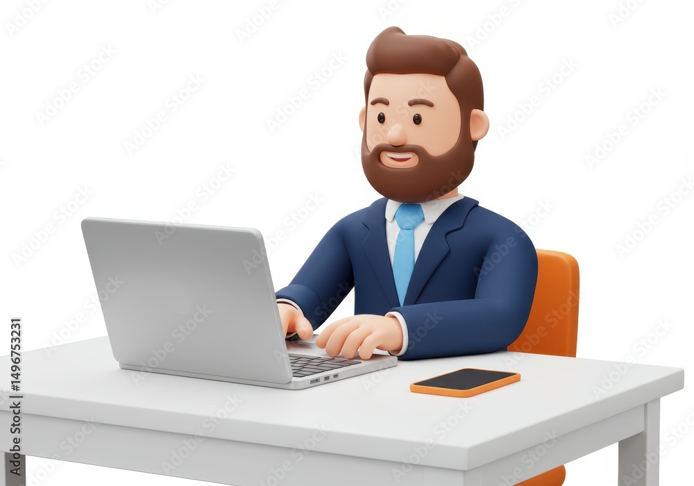 3D Illustration of Cartoon businessman working on laptop isolated on white background 3D Illustration of Cartoon businessman working on laptop isolated on white background