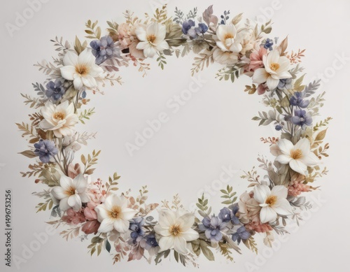 Intricate watercolor petal patterns forming a floral wreath  Elegant white backdrop , vintage, wedding