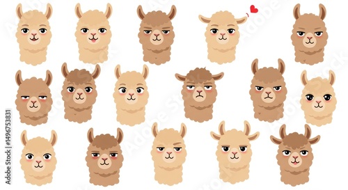 Llama faces with different emotions on a white background pattern