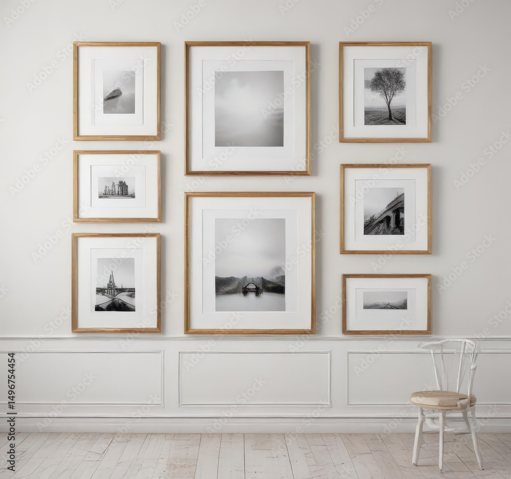 Fototapeta premium Elegant gallery wall mockup; diverse frames, white background, different sizes, photography