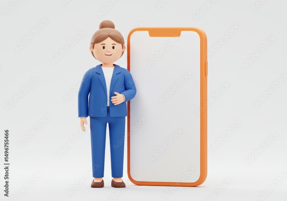 3D Illustration of Cartoon businesswoman with orange smartphone isolated on white background 3D Illustration of Cartoon businesswoman with orange smartphone isolated on white background