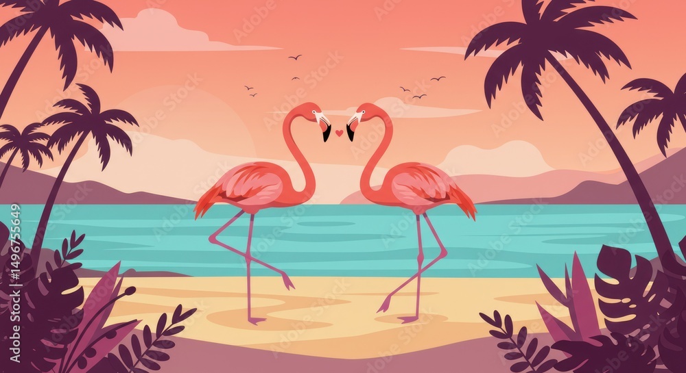 Naklejka premium Pair of flamingos on beach at sunset in tropical setting illustration.