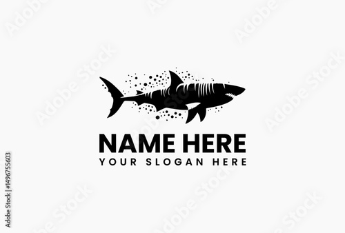 Bold predatory shark silhouette cutting through stylized water splashes in monochrome vector. Marine life emblem  