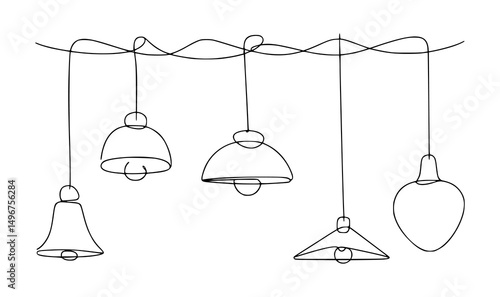 Minimalist continuous line art hanging lamps illustration
