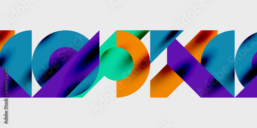 Abstract colorful shapes overlap, creating dynamic visual pattern. Bright hues contrast against white, black backgrounds. Modern design.
