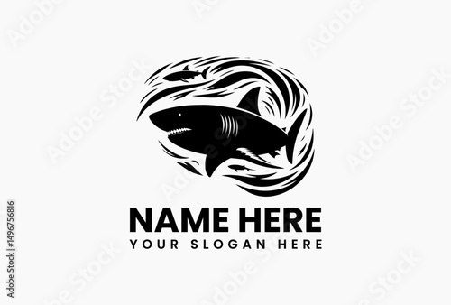 Aggressive angular shark vector design surrounded by explosive water elements and bubble trails. Aquatic predator symbol  