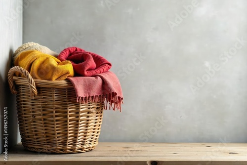 A rustic woven hall basket overflowing with blankets, situated against a textured wall  Perfect for cozy autumn or winter imagery ,  knitted blanket,  cream,  natural fibers