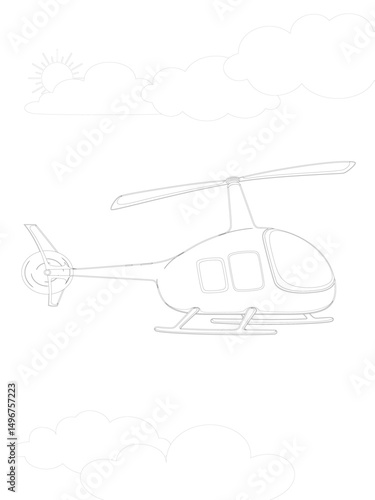 Minimalist line art illustration of a helicopter flying in the sky with clouds and the sun in the background.