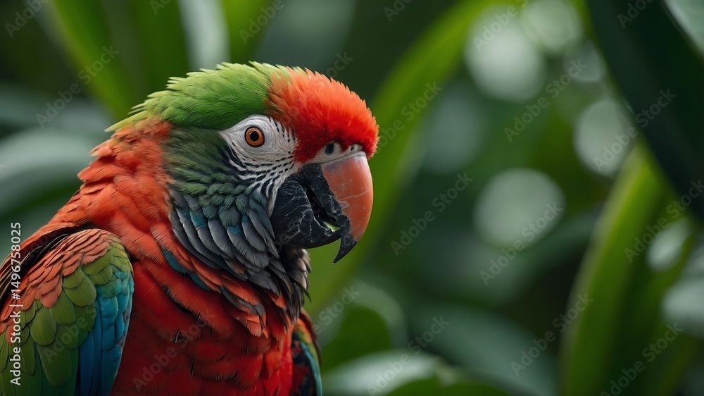 Obraz premium A realistic photo of a Red Fan Parrot in the Amazon basin, with feathers slightly flared.