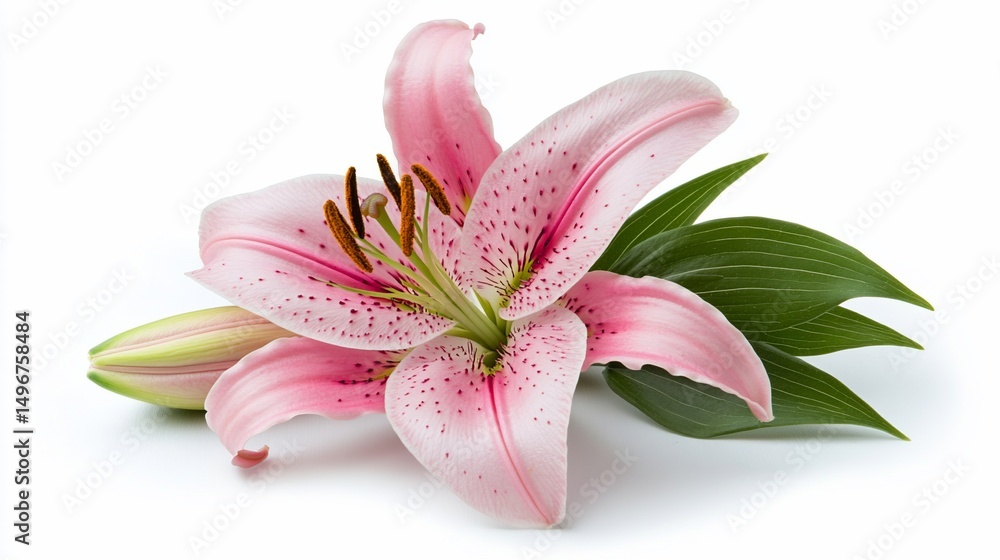 Naklejka premium Pink lily bloom with speckled petals, green leaves, and buds, isolated