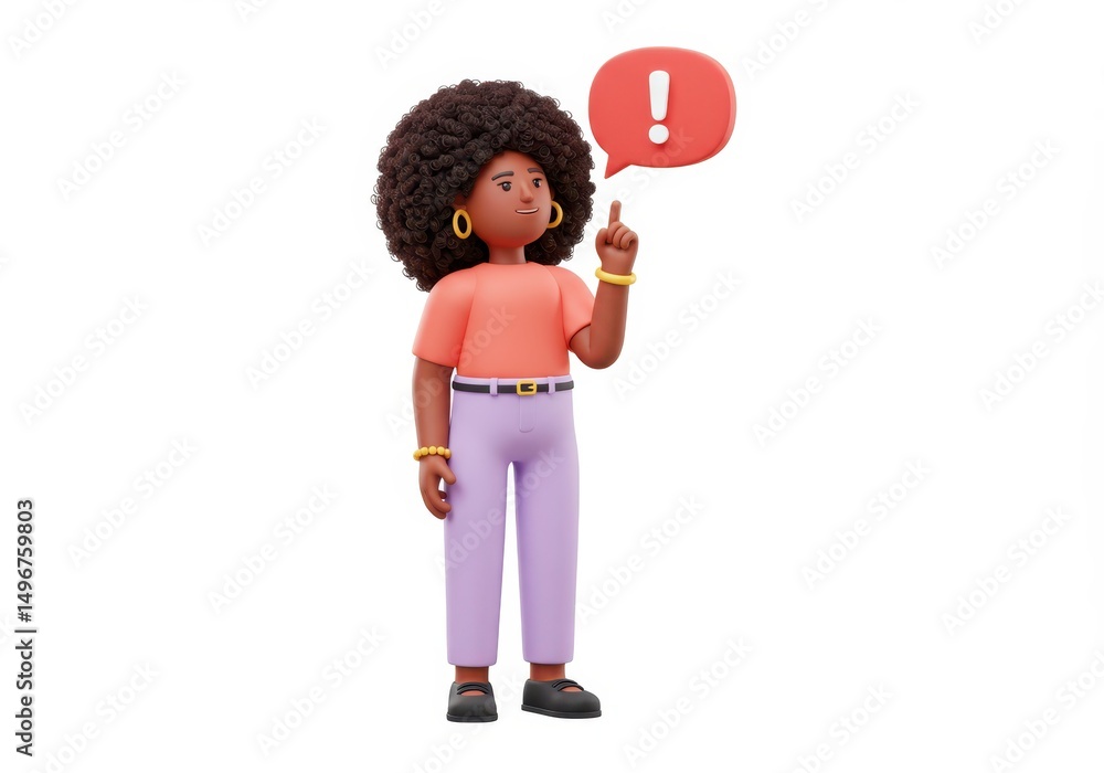 3D Illustration of Cartoon woman pointing at exclamation mark isolated on white background 3D Illustration of Cartoon woman pointing at exclamation mark isolated on white background