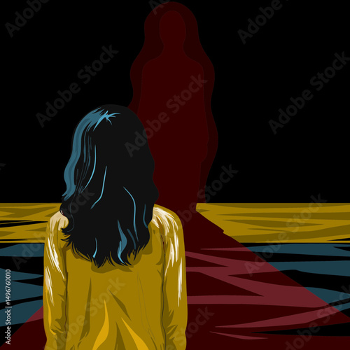 Illustration of a woman looking at a mysterious figure in the darkness