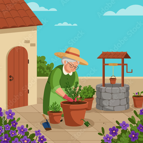 Woman Gardening Plants in Pots by Well on Sunny Day Illustration