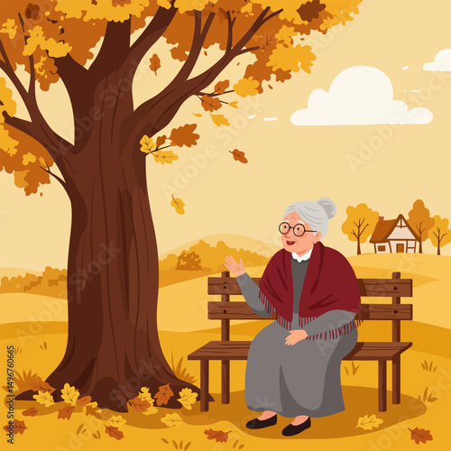 Woman Sitting on Bench Enjoying Autumn Leaves Fall in Park