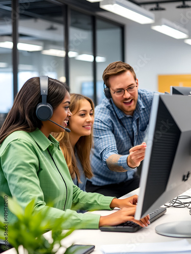 Call center supervisor providing support and guidance to intern, addressing questions. Customer support office onboarding specialist conducting orientation sessions for new agent using PC