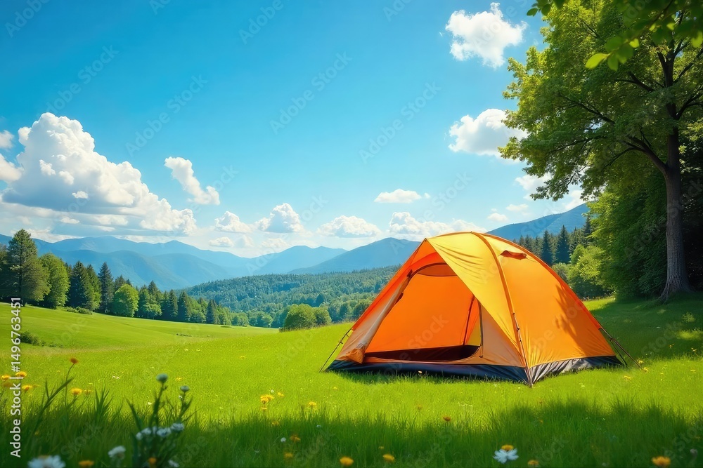 Happy family camping adventure, spacious tent pitched in a lush green meadow under a clear blue sky Perfect for outdoor recreation, summer vacations, and family bonding , sunshine, equipment Happy family camping adventure, spacious tent pitched in a lush green meadow under a clear blue sky Perfect for outdoor recreation, summer vacations, and family bonding , sunshine, equipment