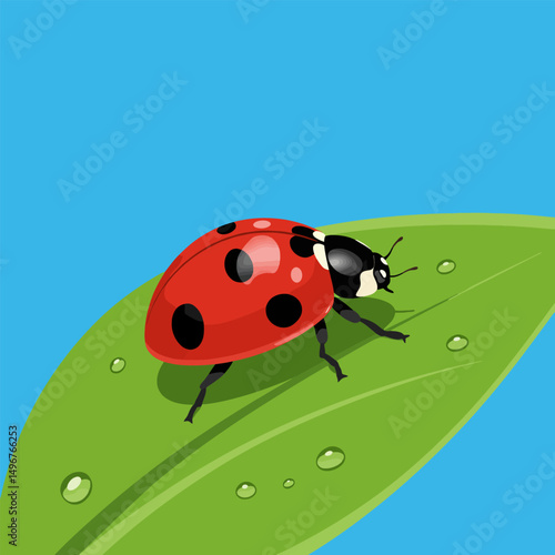 Ladybug Walking on Green Leaf with Water Droplets Illustration