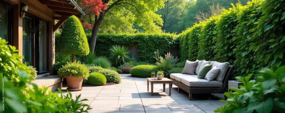 Serene garden patio scene with lush greenery, stone pavers, and comfortable seating, perfect for relaxation and outdoor entertaining Enjoy the tranquil atmosphere , idyllic, cushions, leaves Serene garden patio scene with lush greenery, stone pavers, and comfortable seating, perfect for relaxation and outdoor entertaining Enjoy the tranquil atmosphere , idyllic, cushions, leaves