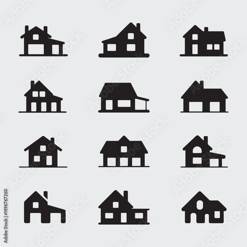A diverse set of real estate and home icons featuring various house and building designs, perfect for urban property and architectural illustration projects