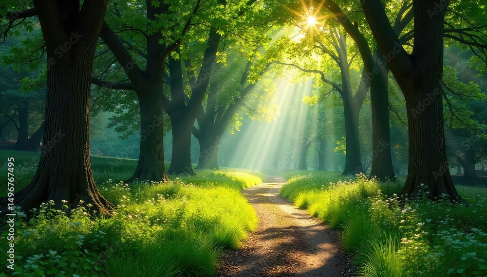 Fototapeta premium Sun-dappled path winds through lush green woodland, ancient trees casting long shadows Perfect for nature, travel, and fantasy themes Serene and peaceful atmosphere , background, wood, calm