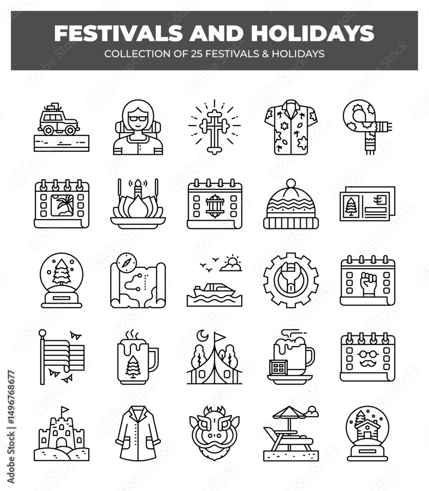 Fototapeta premium Collection of 25 Unique Festival and Holiday Icons