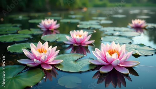 Water lilies bloom across serene lake surface, creating a natural floral pattern , scenic, serene