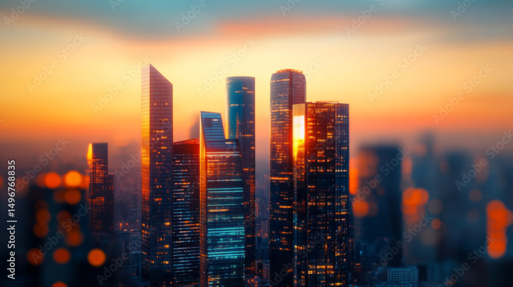 Fototapeta premium Blurred City Skyline with Bokeh Lights at Sunset