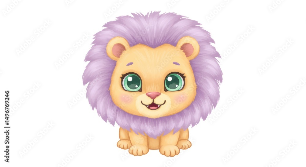 Fototapeta premium Cute cartoon lion cub with purple mane, isolated on white backdrop