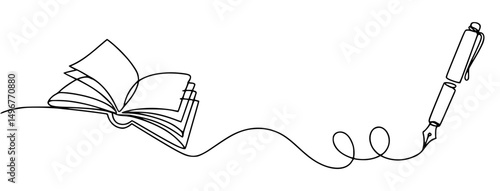 Open book and fountain pen one line illustration
