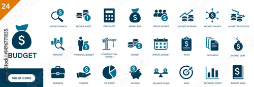 Budget icon. Containing finance, income and expenditure, savings, financial reports, budget increase. Solid vector icon set.