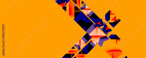 Abstract geometric design. Orange background contrasts with complex, fragmented shapes. Angular forms create dynamic visual impact.