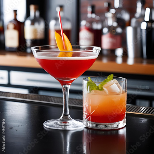 A close-up view of two cocktails on a bar counter, featuring distinct colors and garnishes, inviting for a refreshing drink.
