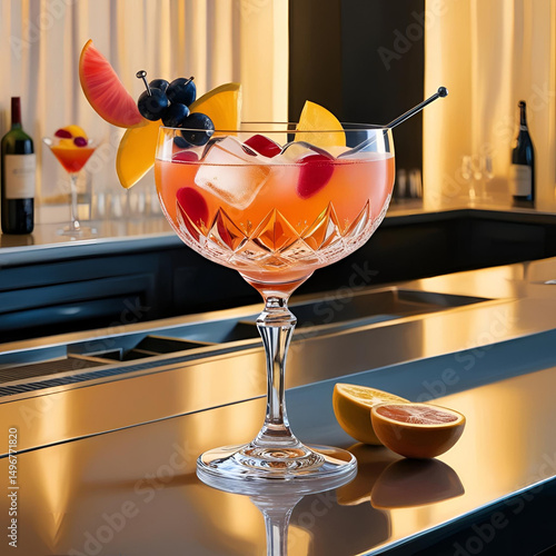 A close-up view of two cocktails on a bar counter, featuring distinct colors and garnishes, inviting for a refreshing drink.