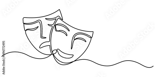 Greek mask one line drawing, opera event symbols continuous hand drawn, mask one line vector isolated design element, theater humor smile mask one line continuous line art, Theater mask tragedy. 