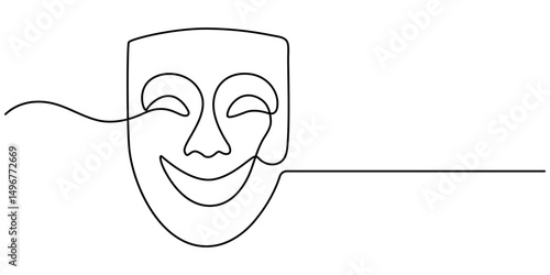 Greek mask one line drawing, opera event symbols continuous hand drawn, mask one line vector isolated design element, theater humor smile mask one line continuous line art, Theater mask tragedy. 