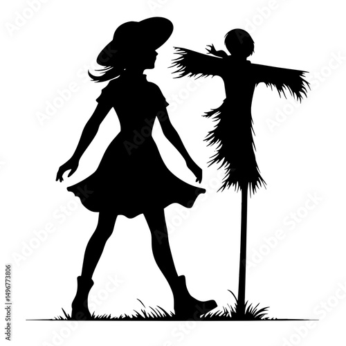 Girl walking past scarecrow in Halloween field