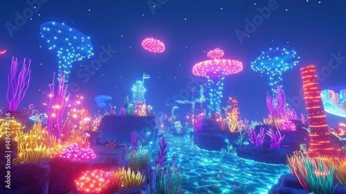 Whimsical Neon Underwater Landscape with Bioluminescent Flora and Aquatic Glow
