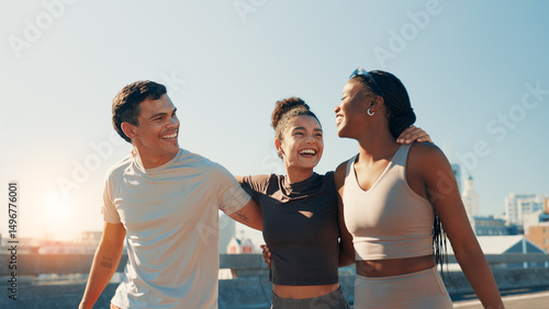 Bild auf Leinwand Fitness, hug and laughing with friends on bridge in city together for sports or training routine