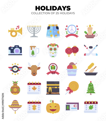 Collection of 25 Holidays. Festive Icons and Symbols