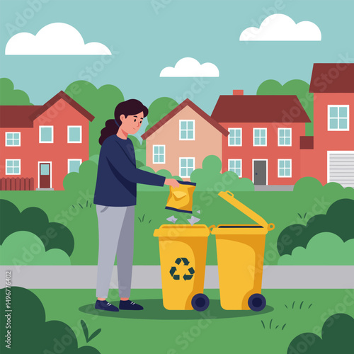 Woman Recycling Waste Paper Into Bin in Suburban Neighborhood Setting