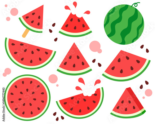 Red Watermelon fruit slice set, Summer fruit collection, Vector illustration.