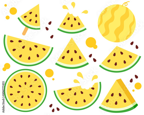 Yellow Watermelon fruit slice set, Summer fruit collection, Vector illustration.